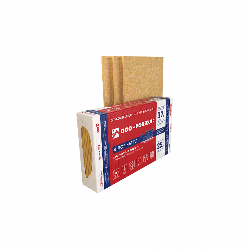 Плита тепло-, звукоизоляционная из базальтовой ваты ROCKWOOL ФЛОР БАТТС 25х600х1000 мм